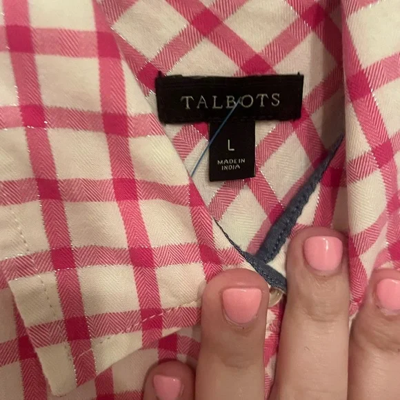 Talbots Pink and White Plaid Button-Front Shirt - Picture 2 of 2